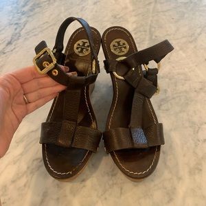 Tory Burch Wedges. Size 7. Leather and Wood.
